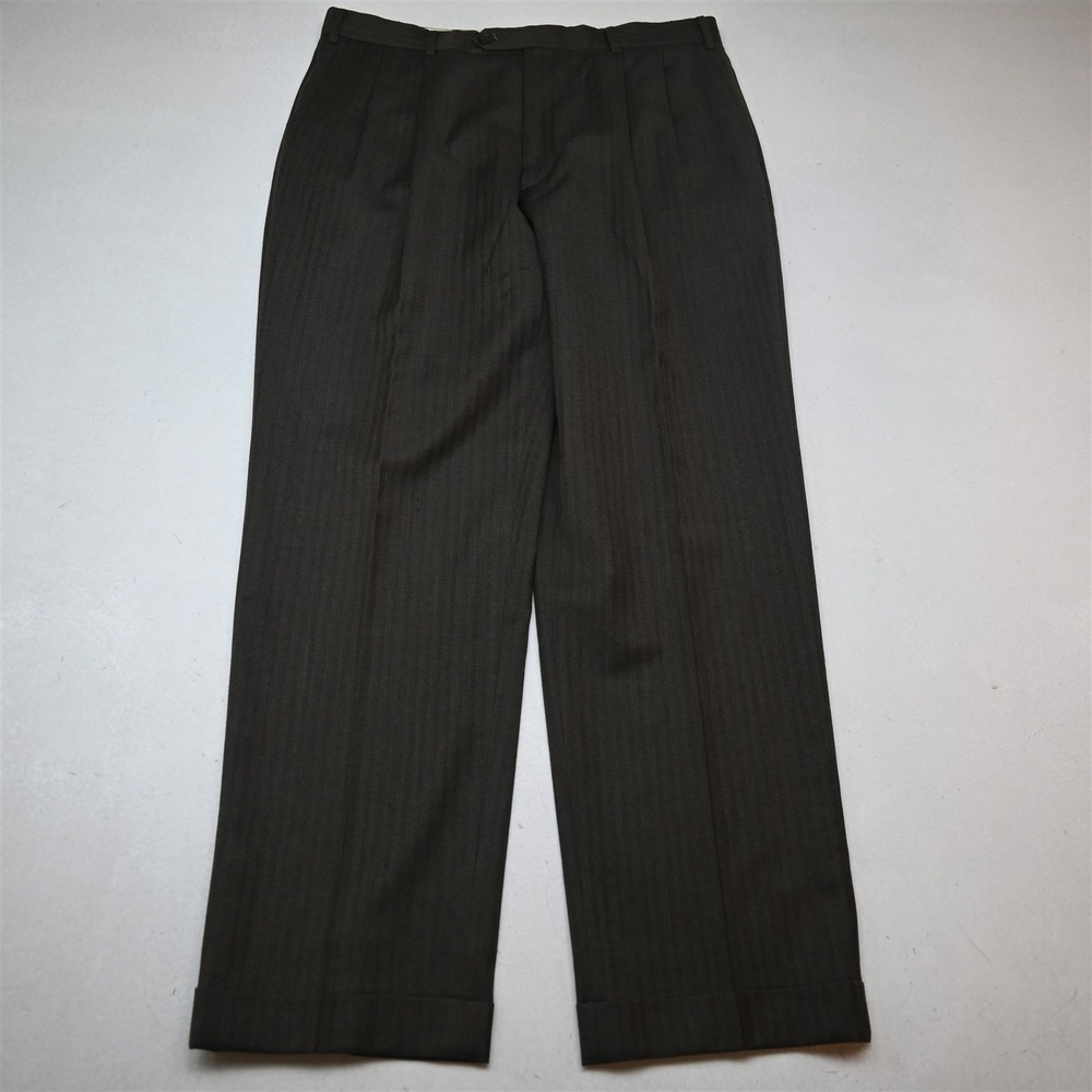 Turnbury 34x32 Brown Herringbone 100% Wool Pleated Cuffed High Waist Baggy Pants